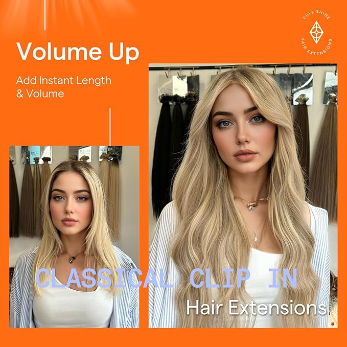 Full Shine Clip on Hair Extensions Blonde Highlights Human Hair Clip in Extensions 16 Inch Dark Blonde Mix Light Blonde Hair Extensions Human Hair 120 G 7 Pcs