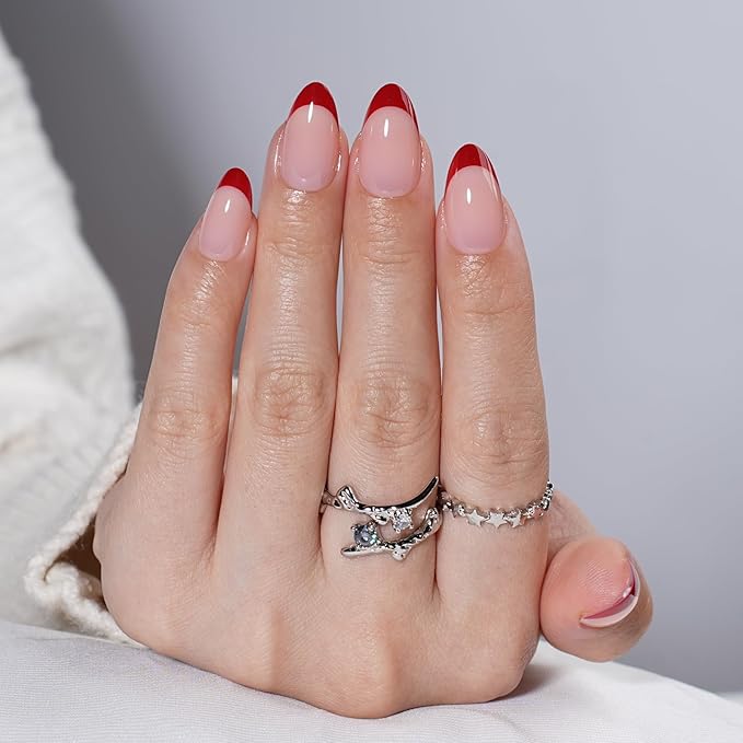 French Tip Press on Nails, Short Press on Nails Almond Reusable Glossy Red Nails Soft Gel False Nails Press ons for Women, 16 Sizes 32 Count Nails Kit with Glue (SV-12)