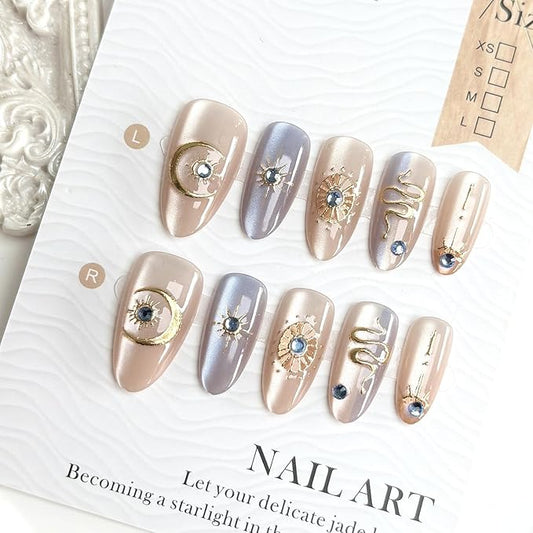 30Pcs Almond Press on Nails Medium Length Fake Nails 3D Star with Rhinestones Design Acrylic Nails Gold Chrome Moon Snake False Nail Luxury Artificial Nails Glitter Full Cover Stick on Nails for Women