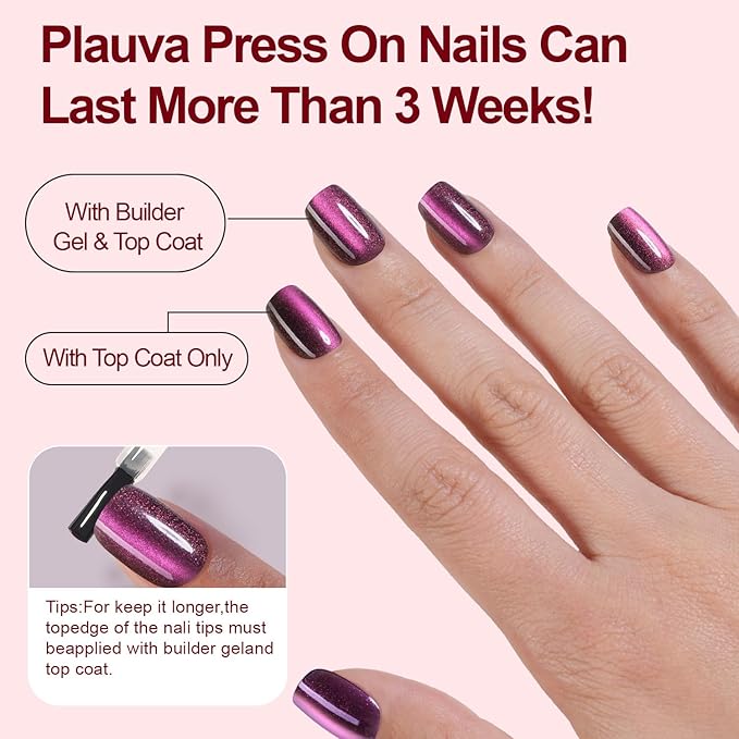 150Pcs Cat Eye Press on Nails Short Square, Plauva Soft Gel Fake Nails, Glossy Glitter Cat Eye Nail Tips for Women and Girls Stick On Nails in 15 Sizes