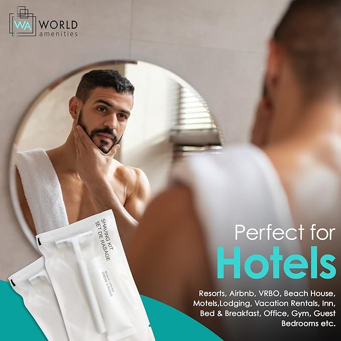 World Amenities Shave Kit (Clear Frosted Sachet) - Hotel Amenities 48 count - Includes Twin Blade Razor and Moisturizing Shave Cream