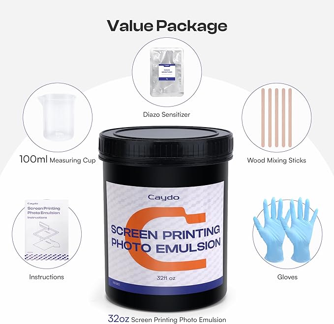 Caydo Screen Printing Emulsion, 32oz Large Capacity Photo Emulsion with Diazo Sensitizer, Measuring Cup, Gloves, and Stir Sticks, Screen Printing Emulsion Kit for Screen Printing Frames