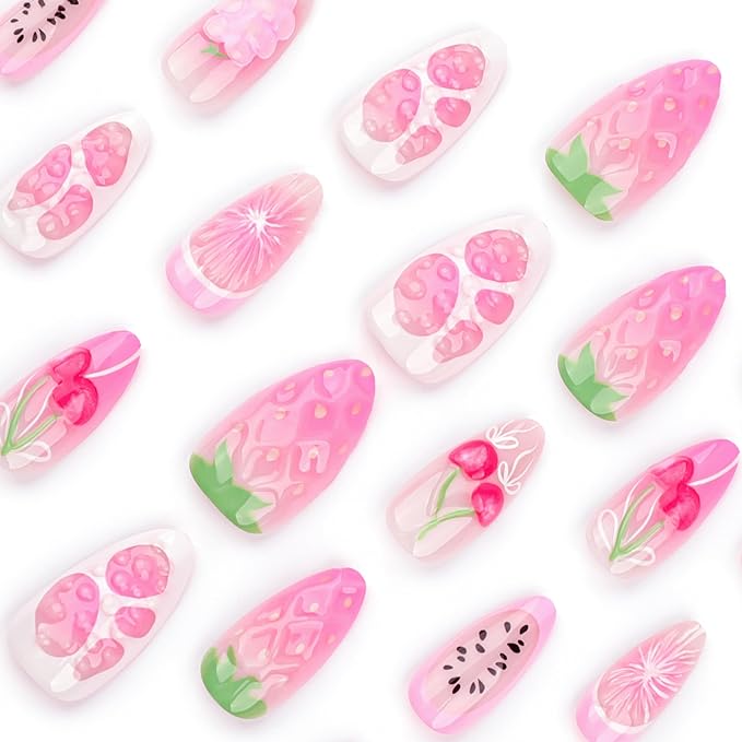 24Pcs Cherry Press on Nails Medium Almond Fake Nails with 3D Water Drop Grape Orange Design Pink Gradient Pitaya Full Cover Acrylic False Nails Ombre French Tip Summer Glue on Nails for Women