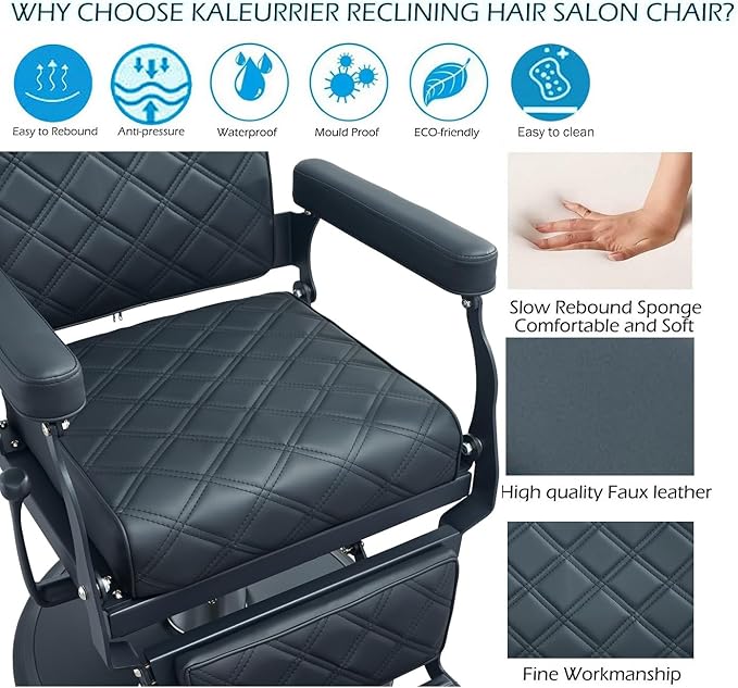Kaleurrier Black Salon Chair Reclining: Professional Hydraulic Barber Chairs with Headrest and Footrest - Adjustable Heavy Duty Styling Chair for Home Hair Beauty Salon Massage Barbershop Tattoo