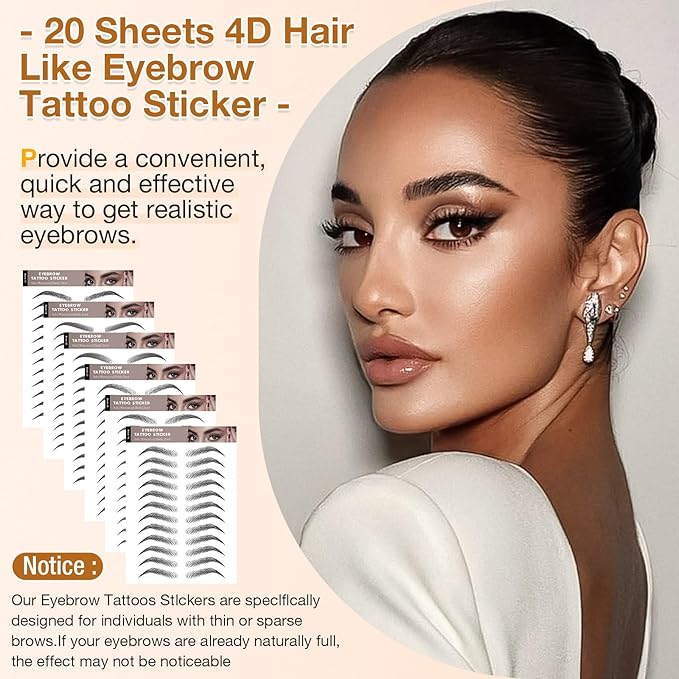 20 Sheets 240 Pairs Eyebrow Tattoo Sticker Waterproof 4D Hair-Like Natural Fake Tattoo Eyebrows Transfers Stickers Peel Off Brows Grooming Shaping Sticker in Vibrant Miami,Black