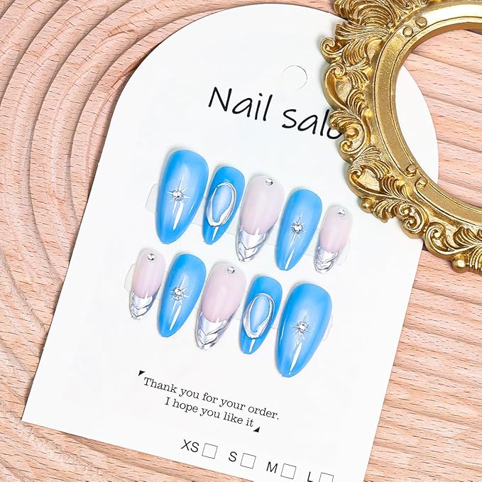 24Pcs Silver French Tip Press on Nails Medium Almond Fake Nails 3D Metallic Design Chrome Glue on Nails Y2k Star Acrylic Nails Gradient Blue Full Cover False Nails for Women Almond Artificial Nails
