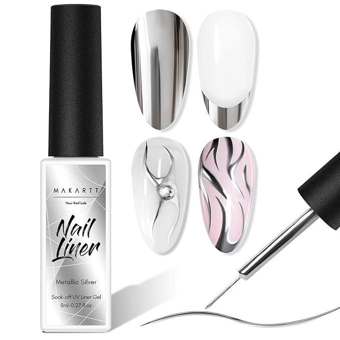 Makartt Metallic Silver Liner Gel Nail Polish: Mirror Chrome Effect Nail Polish with Built in Thin Brush, Soak Off Gel UV/LED for DIY Manicure, Home, and Salon Nail Art Designs 8ml