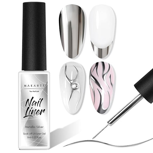 Makartt Metallic Silver Liner Gel Nail Polish: Mirror Chrome Effect Nail Polish with Built in Thin Brush, Soak Off Gel UV/LED for DIY Manicure, Home, and Salon Nail Art Designs 8ml