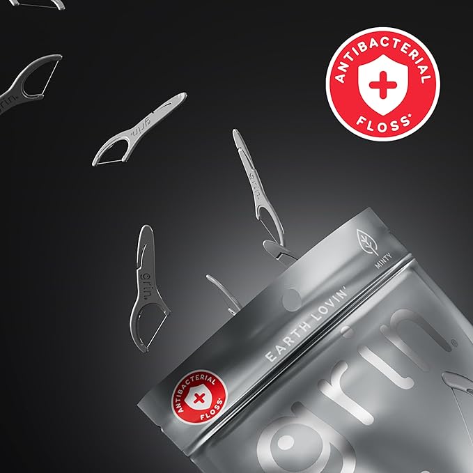 GRIN Silver Flosspyx 75 Count, Dental Flossers, Minty Flavor, Recycled Plastic, for Tight Teeth, Premium Longer Floss Head, Cleans Between Teeth, Includes Safe Soft Fold-Back Tooth Pick