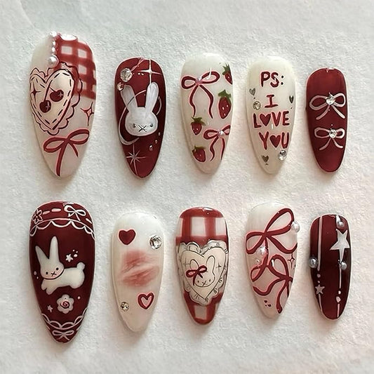 30Pcs Butterfly Cartoon Rabbit Press on Nails Medium Almond Fake Nails with Rhinestone Pearl Design Heart Red Lips False Fingernails Cute Stick on Nails Spring Handmade Nails for Women DIY