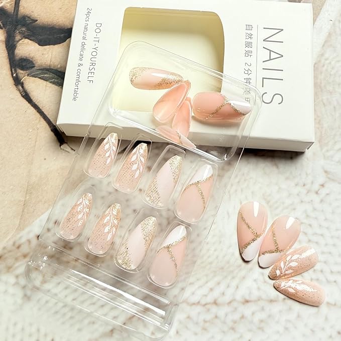Almond Press on Nails Gold Glitter French Tip Fake Nails with Leaves Designs Medium Length Artificial Nails Sparkly False Nails Glossy Full Cover Acrylic Stick on Nails for Women Manicure Tips 24Pcs