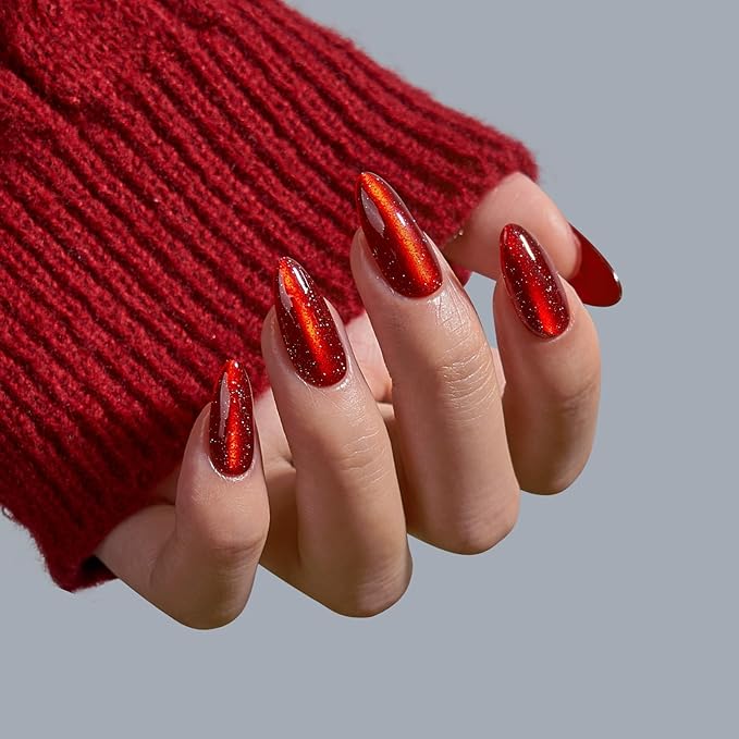 BTArtbox Press On Nails Almond - Deep Red Sparkly Press On Nails with Glue for Women, Glossy Soft Gel Glue On Nails in 15 Sizes - 30 Stick On Nails Kit for Christmas, Mystic Ruby