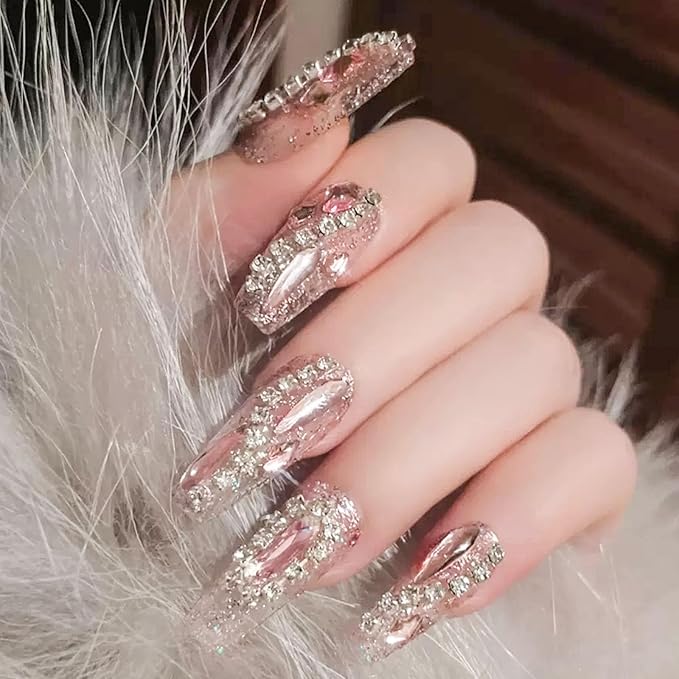 5D Decorate Press on Nails Medium Fake Nails Coffin 24Pcs Transparent Acrylir for Women Nail Press ons Gem Rhinestones Glue on Nails with Glitter Designs Pink Stick on Nails for Women Art Manicure