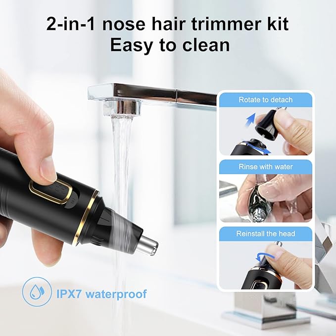 Nose Hair Trimmers for Men，Rechargeable Hair Trimmer 2 in 1 Painless Multifunctional Ear and Nose Hair Trimmer with IPX7 Waterproof Dual Edge Blades (Black Gold)