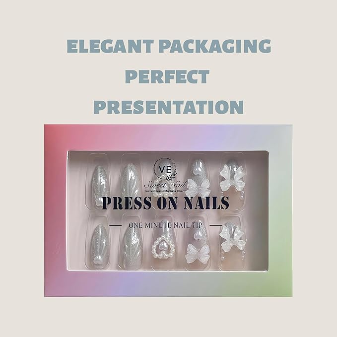 Silver Gradient Cat Eye Press On Nails – 24PCS Medium Almond Fake Nails with 10 Sizes, 3D Floral Design, Reusable Glue-On Nail Tips for Women, Natural Fit for All Occasions