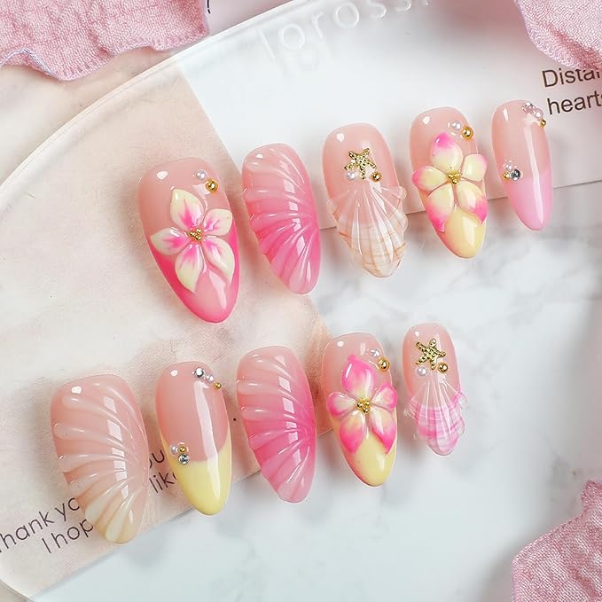 French Tip Press on Nails Medium Almond Fake Nails 3D Hawaii Hibiscus Flower Acrylic Nails with Gold Shell Starfish Design Yellow Pink Summer False Nail Full Cover Glossy Glue on Nails for Women 24Pcs