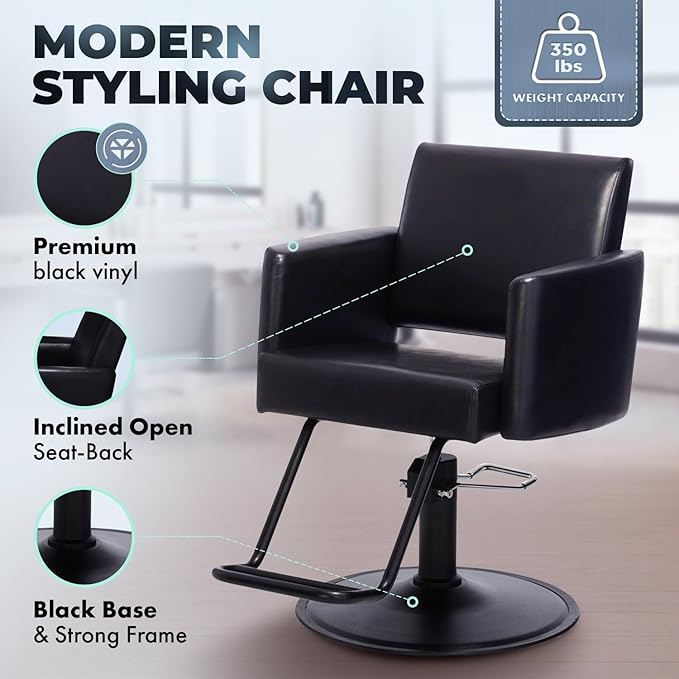 Buy-Rite Onyx Salon Styling Chair - Modern Black Hair Stylist Chair with Open Back, Inclined Seat, Rounded Arms, Premium Vinyl Upholstery, Durable Steel Frame & Footrest - NIN-6610