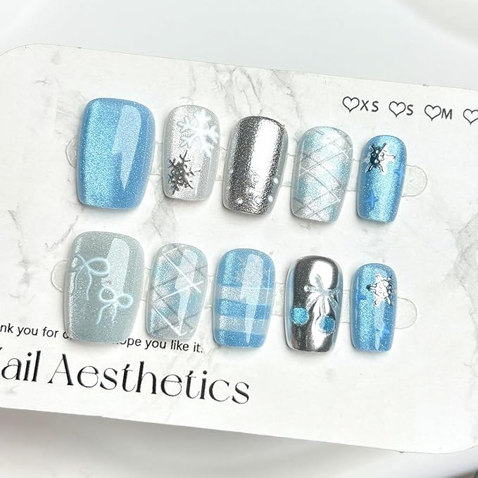 Blue Snowflake Press on Nails Short Fake Nails Square Glitter False Nail with Bow Cherry Checkered Designs Silver Acrylic Artificial Nails Full Cover Winter Snowflake Glue on Nails for Women, 30Pcs