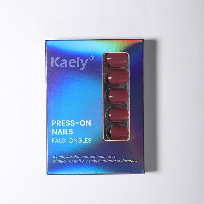 evpct Maroon Glossy Press on Nails Short Square, Glossy Maroon Fake Nails Summer Reusable, Acrylic False Nail Stick Glue on Press ons for Women Gifts, Perfectly Fit Durable False Nail Kit & Glue 30Pcs
