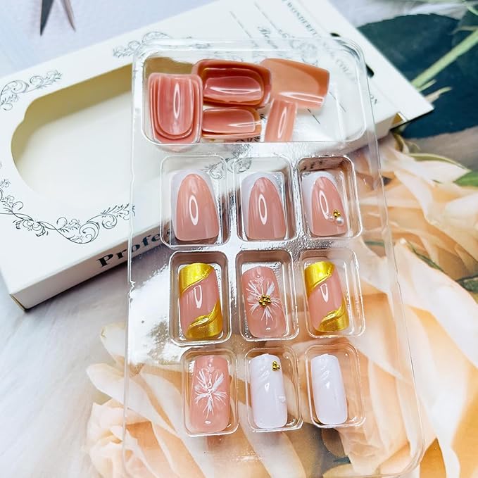 Gold Press on Nails White French Tip Fake Nails Medium Square False Nails with 3D Pearl Designs Embossed Flower Acrylic Nails Reusable Artificial Stick on Nails for Women Girls Manicure Salon 24Pcs
