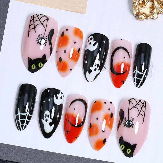 24Pcs Halloween Press on Nails Short Pointed Fake Nails with Cute Ghost Pumpkin Spider Web Design Cat Nail Tips False Nails Full Cover Artificial Glue on Nails Black Star Stick on Nail for Women DIY
