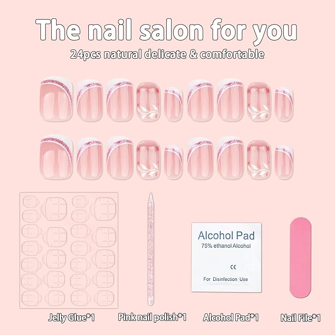 24Pcs Short Press on Nails French Tip Square Fake Nails with Rose Gold Glitter French White Leaf Design Pink Acrylic Nails Cute False Nails Artificial Nails Reusable Stick on Nails for Coquette Women