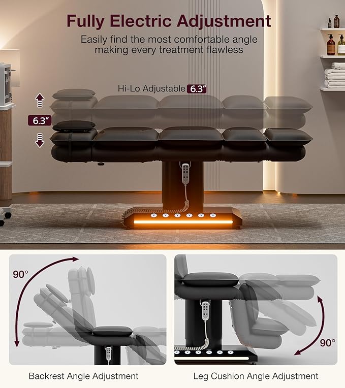 VARONXE Fully Electric Massage Table w/3 Motors, Professional Angle and Height Adjustable Spa Bed Facial Chair, Motorized Esthetician Bed Treatment Table for Beauty Salon, Black