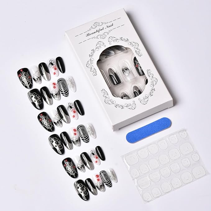 30Pcs Halloween Press on Nails Medium Almond Goth Fake Nails with 3D Blood Drops Design Sliver Spiderweb False Nails Black Spider Artificial Nail Spiral Glue on Nail for Women Manicure
