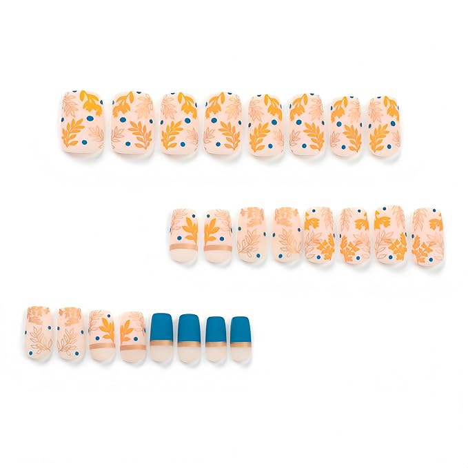 24Pcs Fall Press on Nails Medium Square Maple Leaf Fake Nails Autumn Gold Yellow Leaves Acrylic Nails Glue on Nail Press ons False Nail Glossy Fall leaves Stick on Nail for Women