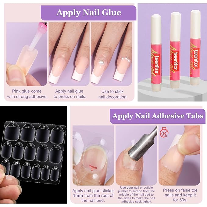 Teenitor French Tip Nails - Long Square Press On Nails, 15 Sizes