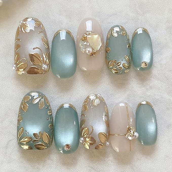 30Pcs Gold Leaf Press on Nails Medium Almond Fake Nails with 3D Leaves Designs Nude Blue Glue on Nails Pearl Rhinestones Charms Metallic Leaves Nail Art Fall Acrylic Nails for Women Manicure Decor