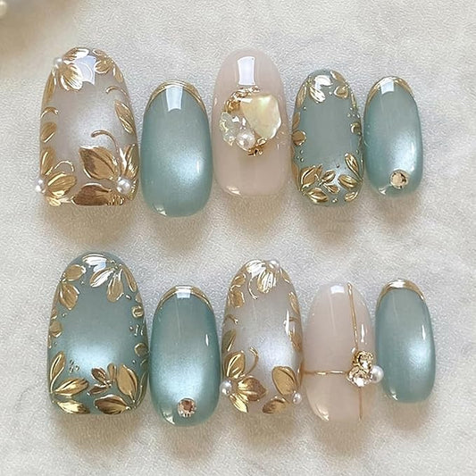 30Pcs Gold Leaf Press on Nails Medium Almond Fake Nails with 3D Leaves Designs Nude Blue Glue on Nails Pearl Rhinestones Charms Metallic Leaves Nail Art Fall Acrylic Nails for Women Manicure Decor