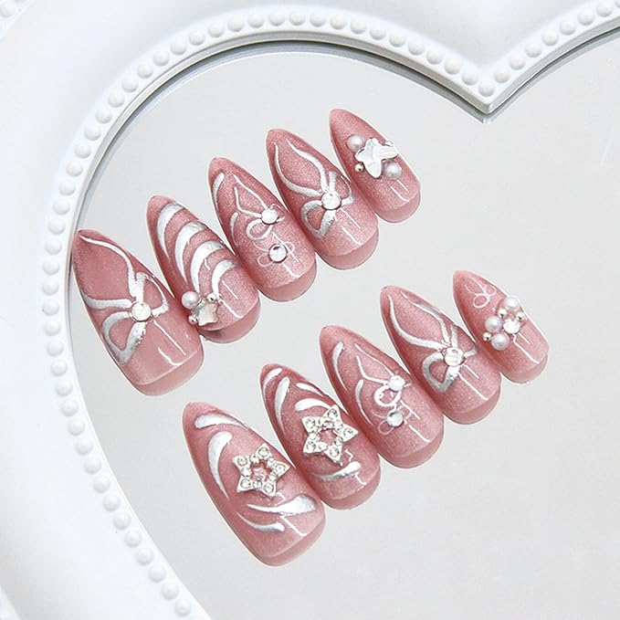 24pcs Pink Press on Nails Medium Almond Fake Nails Silver Bow 3D Diamond Star Charms Design Glossy Acrylic Nails Press ons Cute Stick on Nails Almond False Nail Art Tip for Women Daily Wear