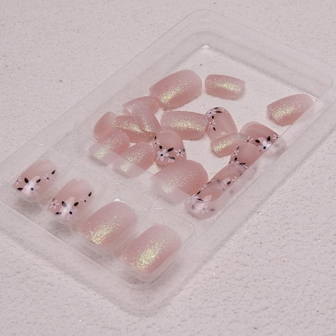 Flowers Press on Nails Short Square Fake Nails Chrome Glitter Acrylic Nails French Tip False Nails Press ons Glossy Glue on Nails Cute Artificial Nails for Women Girls Manicure 24Pcs