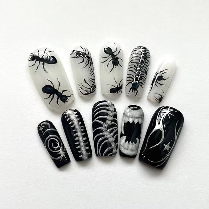24Pcs Halloween Press on Nails Square Medium Fake Nails with Halloween Ant Centipede Spine Horror Style Pattern Design Black White False Nails Glue on Nails for Women DIY Manicure Halloween