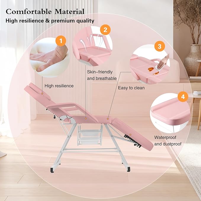 Facial Chair, Tattoo Chair Massage Bed with Hydraulic Stool for Professional Massage Facial Lash Beauty Treatment Spa, Pink