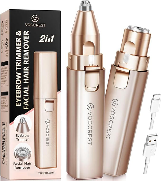 Rechargeable Facial Hair Remover for Women: 2 in 1 Electric Eyebrow and Facial Hair Remover - Suitable for Middle-aged Women’s Eyebrow, Chin, and Cheek Trimming - with Built-in LED Light (Gold)