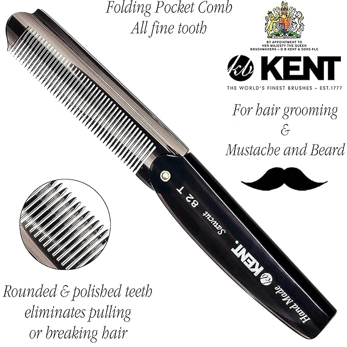 Kent 82T Handmade Folding Pocket Comb for Men, Fine Tooth Hair Comb Straightener for Everyday Grooming Styling Hair, Beard or Mustache, Use Dry or with Balms, Saw Cut Hand Polished, Made in England