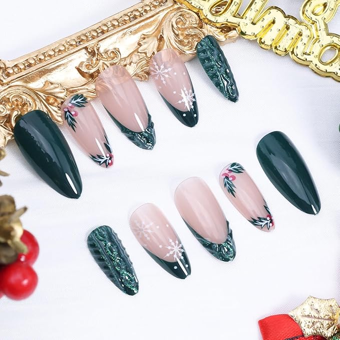 24Pcs Christmas Press on Nails Medium French Tip Fake Nails Winter Snowflake Acrylic Nail Xmas Holly Candy Design Cute Almond False Nail Green Full Cover 3D Christmas Glue on Nails Supplies for Women