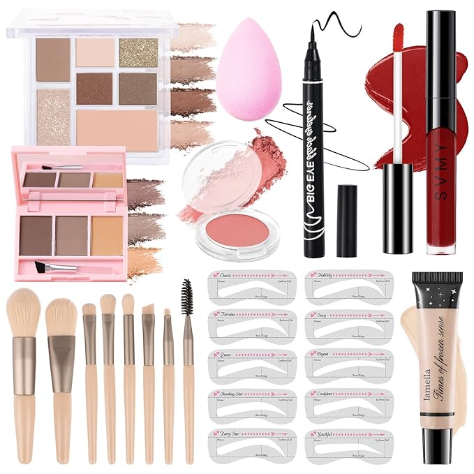 Makeup Kit for Teens Girls, Makeup Present Set for Women, Makeup Full Kit for Beginners, Mini Makeup Bundle Include 7 Nude colors Matte & Shimmer Pigmented Eyeshadow Palette, Eyebrow Powder