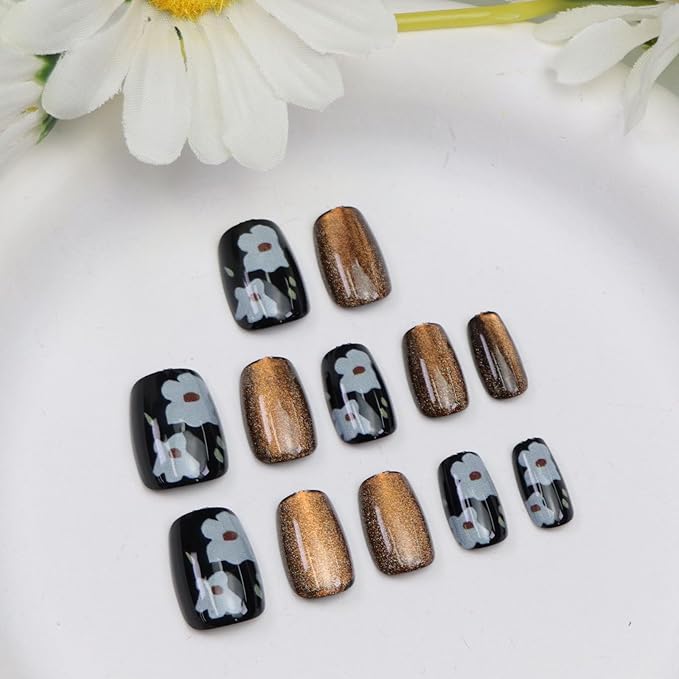 Cat Eye Press on Nails Short Coffin Fake Nails with Flower Glitter Designs Black Nails Press ons Glossy Brown Acrylic Spring Winter Fall Cute for Women 24Pcs