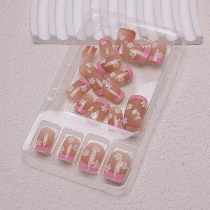 French Tip Press on Nails Short Square Fake Nails Flowers Acrylic Nails Cute Floral False Nails Glossy Glue on Nails Stick on Nails Artificial Nails for Women Girls Manicure 24Pcs
