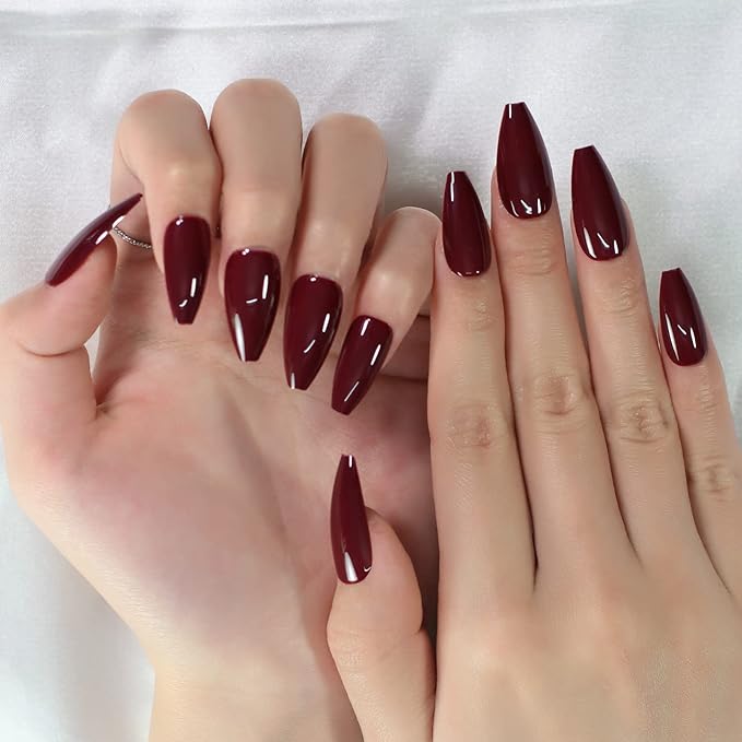 Glossy Deep Cherry Red Fake Nails Long Ballerina Coffin Press on False Nails Manicure Nail Tips Set for Women Girls Finger Wearable