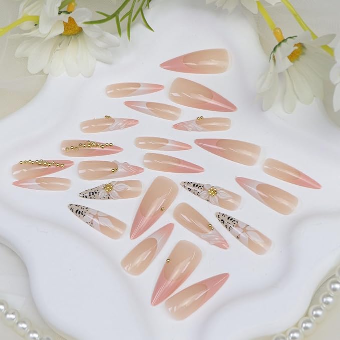 Fall Press on Nails Long Almond Fake Nails with Leopard Print Flower Designs Pink French Tip Nails Press ons Cute Acrylic Nails for Women 24Pcs