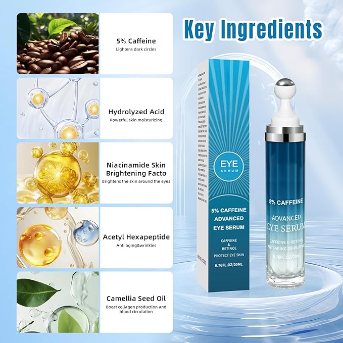 5% Caffeine Eye Cream & Under Eye Serum for Dark Circles and Wrinkles, Under Bags Treatment, Anti-Aging Caffeine Serum with Hyaluronic Acid and Niacinamide, 360° Roller Massage(20ML)
