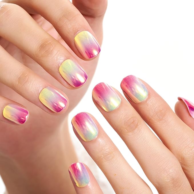 GLAMERMAID Extra Short Press on Nails 24PCS, Pink Nude Ombre Chrome Fall Gel Glue on Nails, Glossy Round Reusable UV Finish Fake Nails Acrylic False Nails Manicure Kits for Women