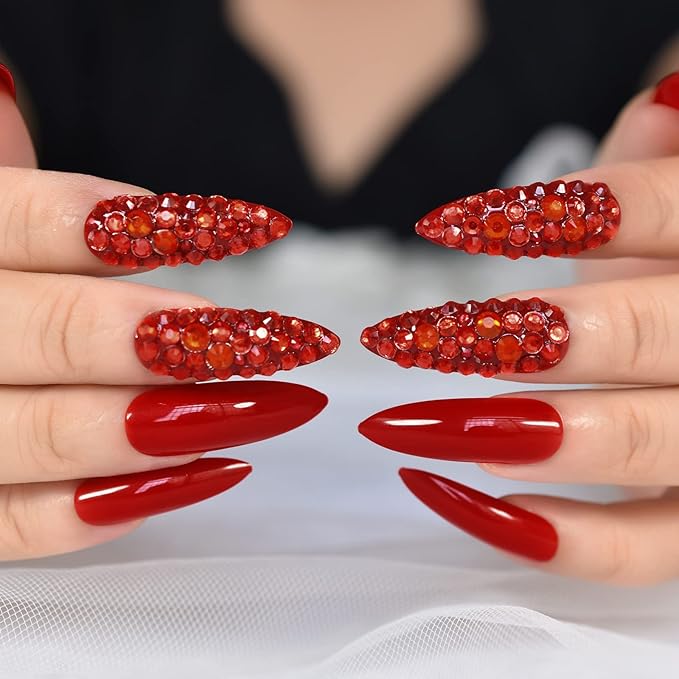 Luxury 3D Red Rhinestones Press on False Nails Extra Long Stiletto Salon DIY Manicure Reusable Fake Acrylic Christmas Nail Art Tips with Jelly Adhesive Tabs Nail File