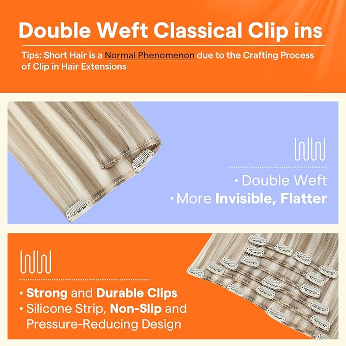 Full Shine 24 Inch Clip in Hair Extensions Real Human Hair Blonde Highlight Seamless Human Hair Clip in Extensions Dirty Blonde Mix Light Blonde Double Weft Real Hair Extensions 7 Pcs 120 G