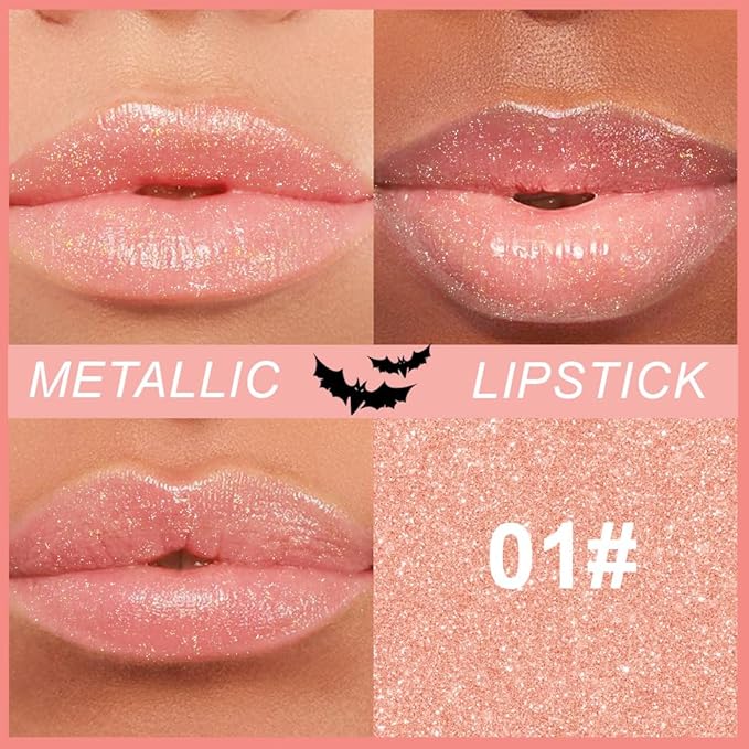 Kaely Glitter Metallic Lipstick, Shimmer Metallic Lipsticks for Women, High Pigmented Lip Gloss Long Lasting Waterproof Smudge Proof 24 Hour, Halloween Makeup, Vegan & Cruelty-Free, 01