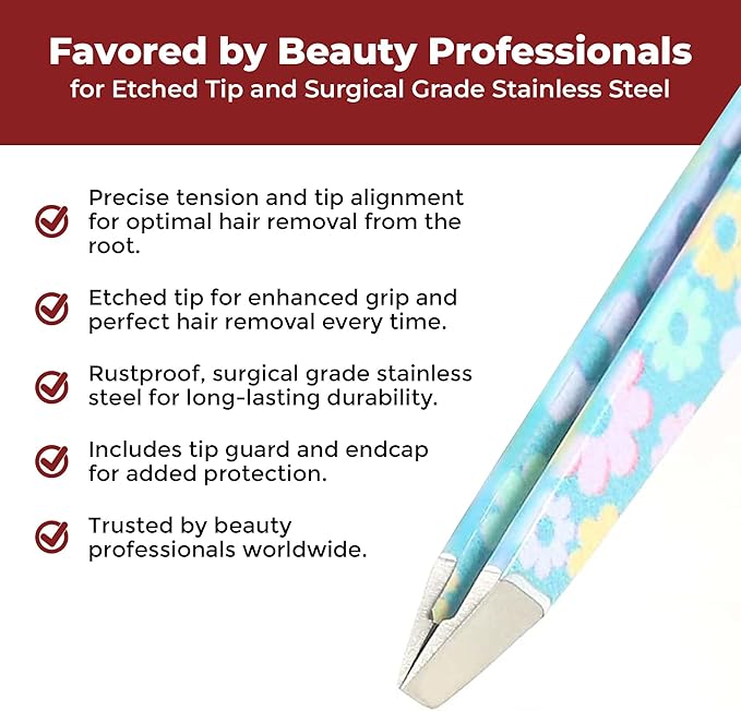 Venus by Regine Slant Tweezers - Handmade Precision Tool for Women & Men, 25-Degree Angle for Shaping Eyebrows & Grooming Facial Contours, Suitable for Eyebrow & Facial Hair Removal (Small Flowers)